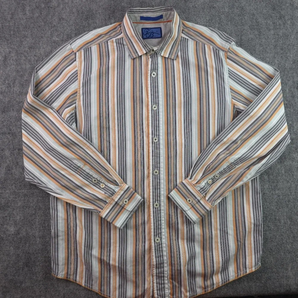 Tommy Bahama Shirt Medium‎ Orange Gray Vertical Striped Long Sleeve Button Up